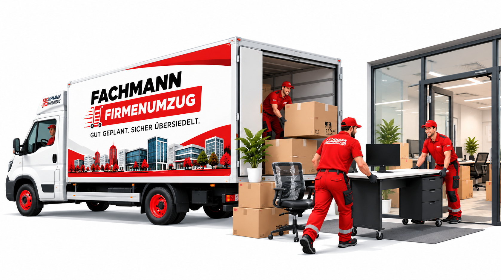Team von Fachmann Umzug beim Büroumzug mit Kartons und Schreibtisch