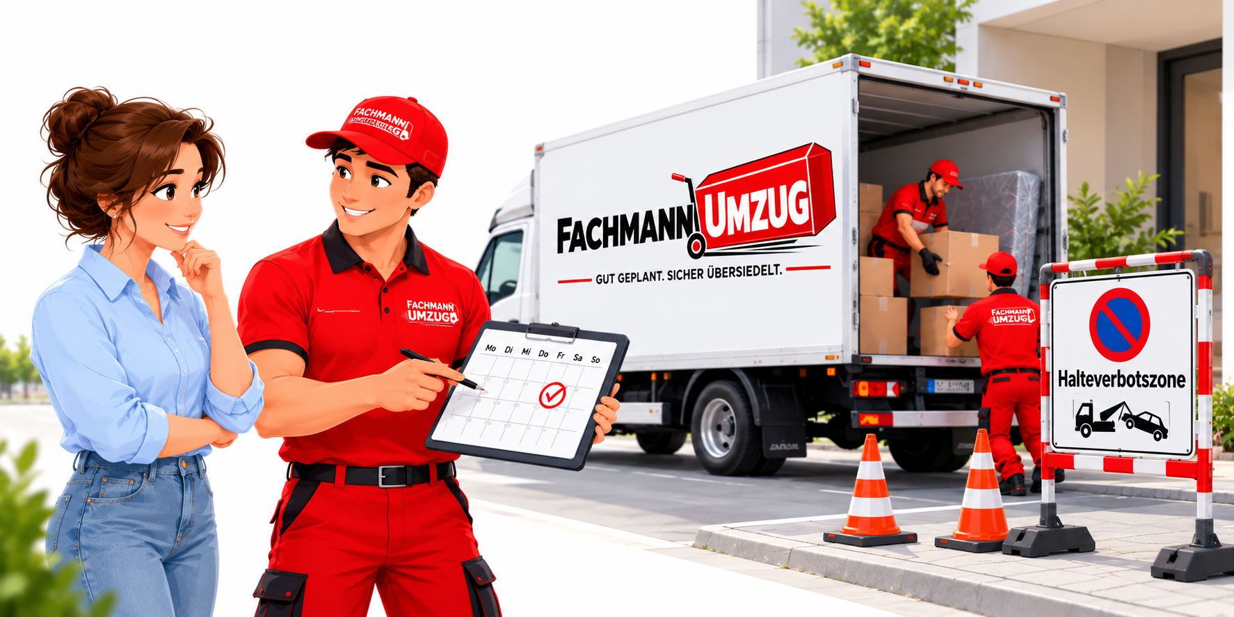 Mitarbeiter von Fachmann Umzug vereinbart mit einer Kundin den Umzugstermin, im Hintergrund Halteverbotszone